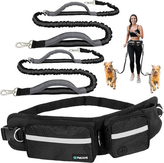 Petami Hands Free Dog Leash, Dog Running Leash Belt Bag for Walking, Jogging, Dog Waist Double Zipper Pouch with Poop Bag Dispenser, Dual Padded Handles Reflective Bungee Leash, Double (Black)
