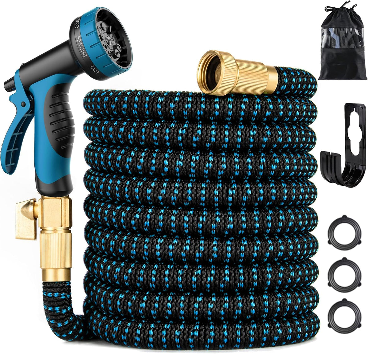 100 Ft Expandable Garden Hose - Kink Free Flexible Water Hose 100Ft with 10 Pattern Spray Nozzle, 3/4 Solid Brass Connectors, Retractable Latex Core - Lightweight Expanding Hose