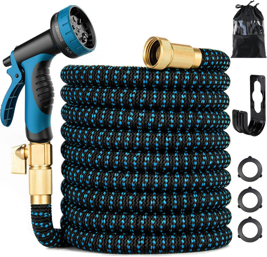100 Ft Expandable Garden Hose - Kink Free Flexible Water Hose 100Ft with 10 Pattern Spray Nozzle, 3/4 Solid Brass Connectors, Retractable Latex Core - Lightweight Expanding Hose