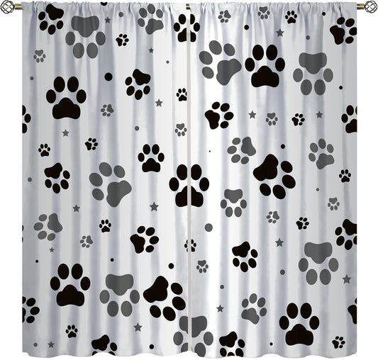 Paw Print Curtains, Gray Cartoon Star Cute Cute Pet Dog Animal Star Paw Blackout Window Treatments, Thermally Insulated Rod Pocket Drapes for Pet Room Bedroom Kennel Bathroom 42X63In