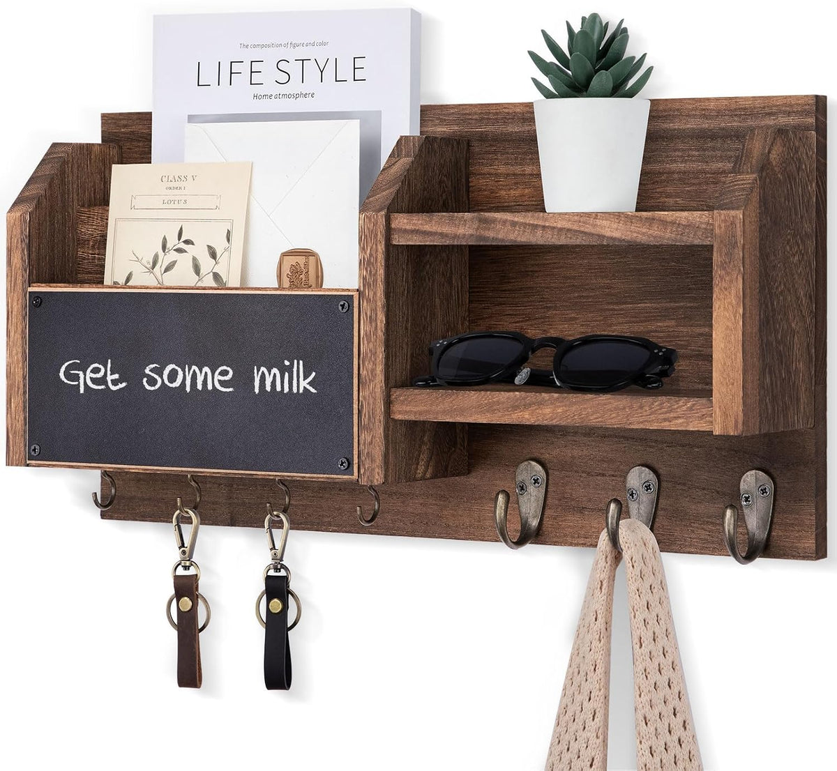 Lwenki Mail and Key Holder – Wall Mount Key Hanger with Shelf and 7 Metal Hooks – Decorative Natural Paulownia Wood Entryway Organizer with Mounting Hardware (16.5”W X 8.7”H X 3.5”D) (Brown)