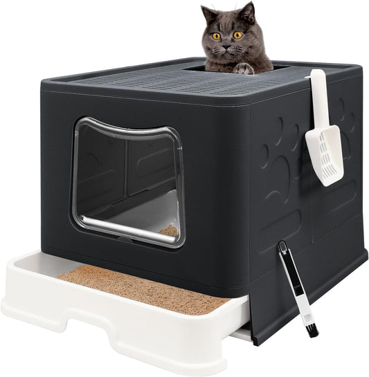 XL Foldable Cat Litter Box with Lid - Jumbo Enclosed Potty - Top Entry Anti-Splashing Toilet - Includes Scoop & 2-In-1 Cleaning Brush (Black)