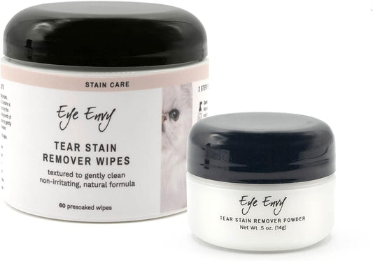 Eye Envy Tear Stain Wipes (60 Ct) and Tear Stain Remover Powder (.5Oz) for Cats, Gently Cleans Tear Stains, Recommended by Persian & Exotic Breeders, Groomers