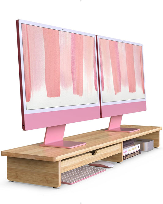 Dual Monitor Stand Riser with Drawer,Wood Desk Storage Shelf