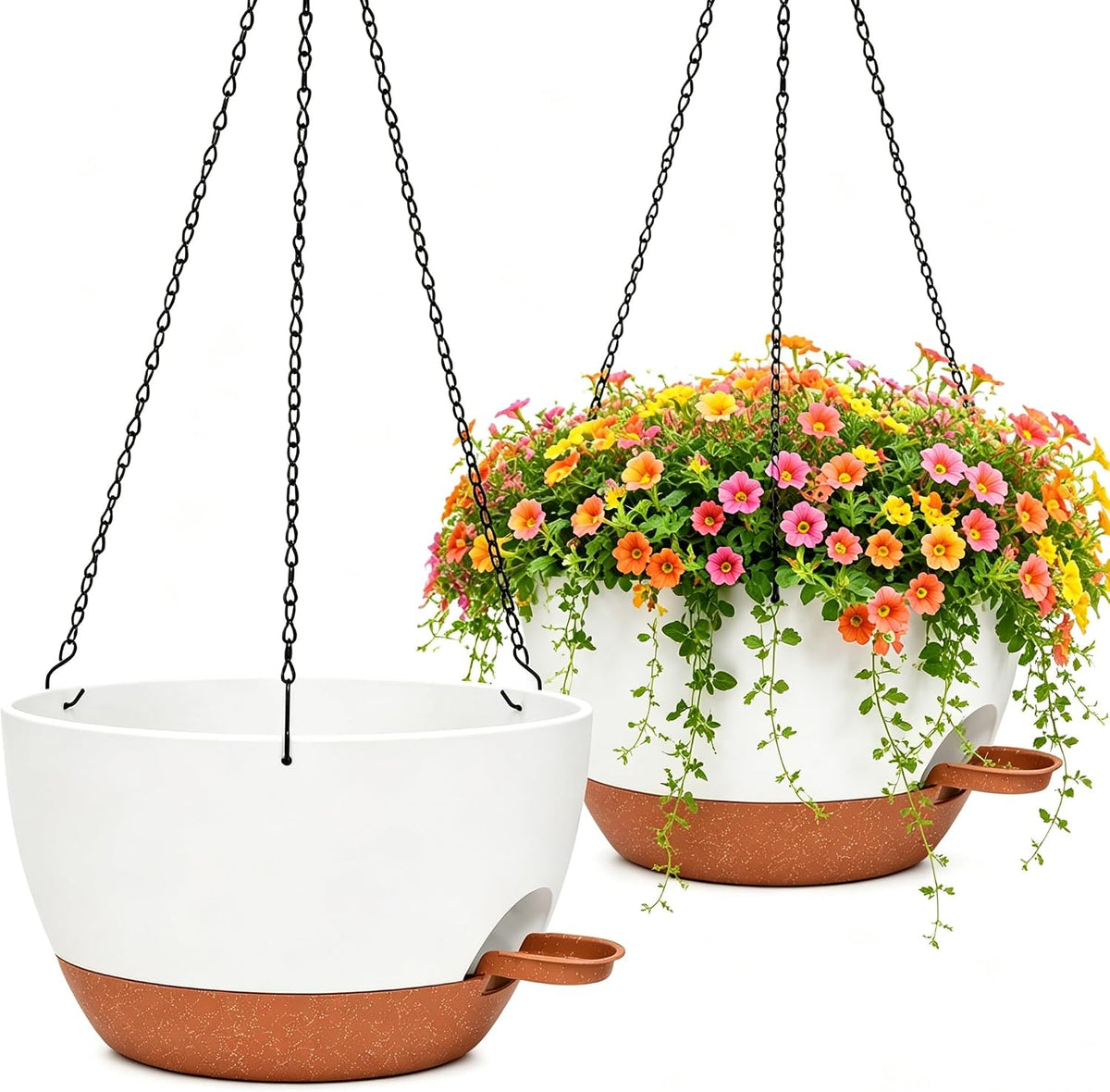 12" Self Watering Hanging Planters with Chains, White Brown, 2 Pack