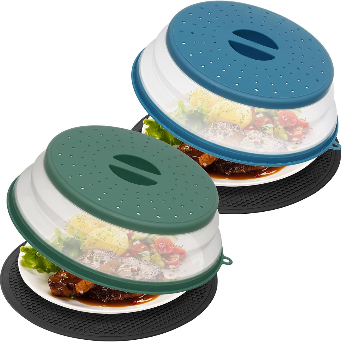 4 in 1,WENWELL Vented Collapsible Microwave Splatter Cover & Mat,Kitchen Dish Bowl Plate Lid for Food,Dishwasher-Safe,Bpa-Free Silicone & Plastic