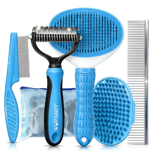 5-In-1 Dog Grooming Kit with Self Cleaning Brush & Rake, Blue