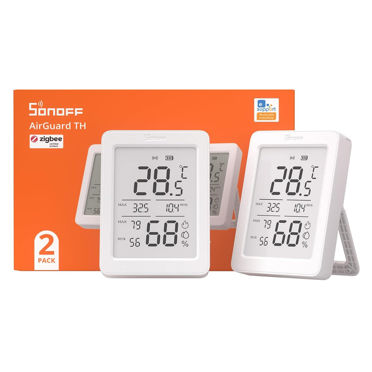 SONOFF SNZB-02DR2 Airguard TH, Indoor Smart Zigbee Temperature and Humidity Sensor, 3.6'' LCD Display, App Monitoring with Charts, Notification Alerts, Data Export, Remote Data Display, 2-Pack