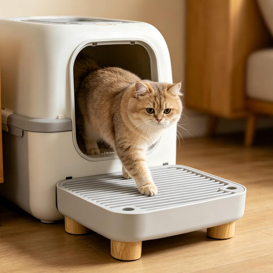Litter Box Step, Cat Litter Catcher with Wooden Base for Senior and Kittens, Keep the Floor Clean 11.8"X8"X3.6" (Grey)