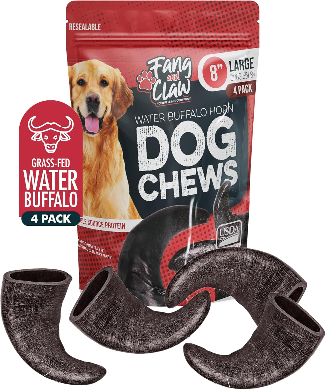 4 Pack Water Buffalo Horns for Dogs, Large 8 Inch - Natural Antler & Rawhide Bone Alternative for Aggressive Chewers, Long Lasting Single-Source Grass-Fed Dog Chew