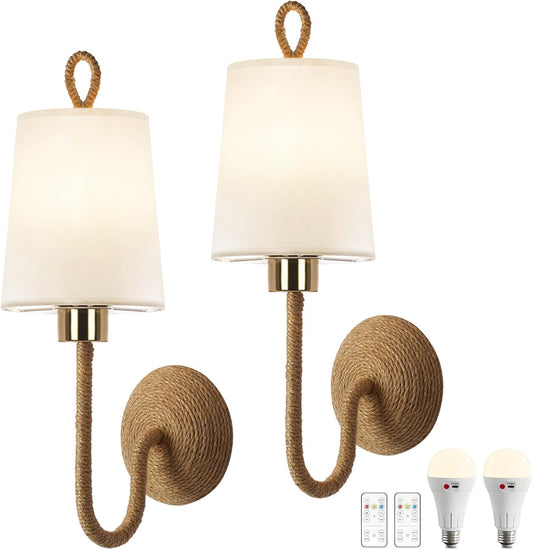 Set of 2 Boho Wall Sconce Lamps – Wireless Cordless LED Wall Lights with Remote, Rechargeable 4500Mah Battery Operated Rattan Gold Light Fixtures for Bedroom, Living Room, Bathroom, or Bedside