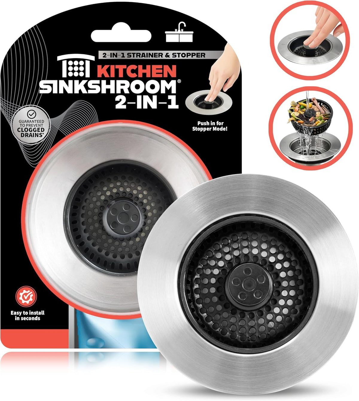 Sinkshroom Kitchen Sink Drain Strainer, 2-In-1 Pop-Up Sink Stopper & Strainer with Removable Anti-Clog Basket, 304 Stainless Steel, Fits 3"-3.4" US Standard Drains, Easy Clean Food Catcher