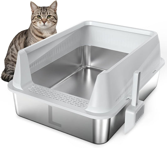 AIPERRO Stainless Steel Litter Box with Lid, High Sided Metal Litter Boxes