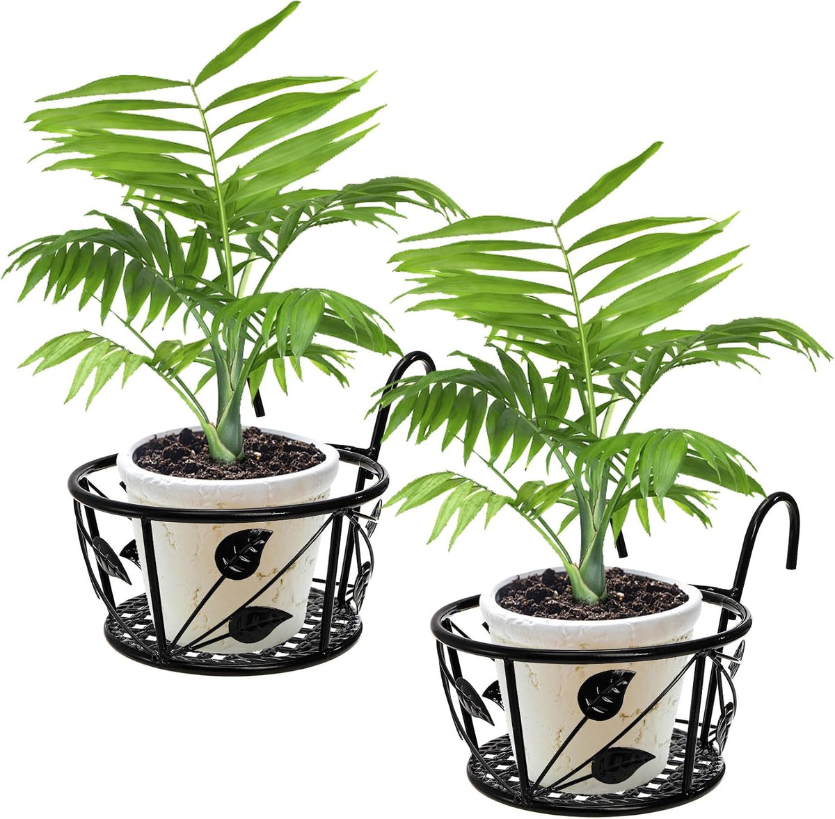 Tosnail 2-Pack Metal Plant Holders for Indoor Outdoor Railings, Fence Plant Hangers, Hanging Flower Baskets for Porch, Balcony, Stair Railing, Black