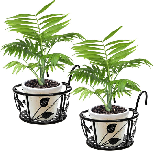Tosnail 2-Pack Metal Plant Holders for Indoor Outdoor Railings, Fence Plant Hangers, Hanging Flower Baskets for Porch, Balcony, Stair Railing, Black