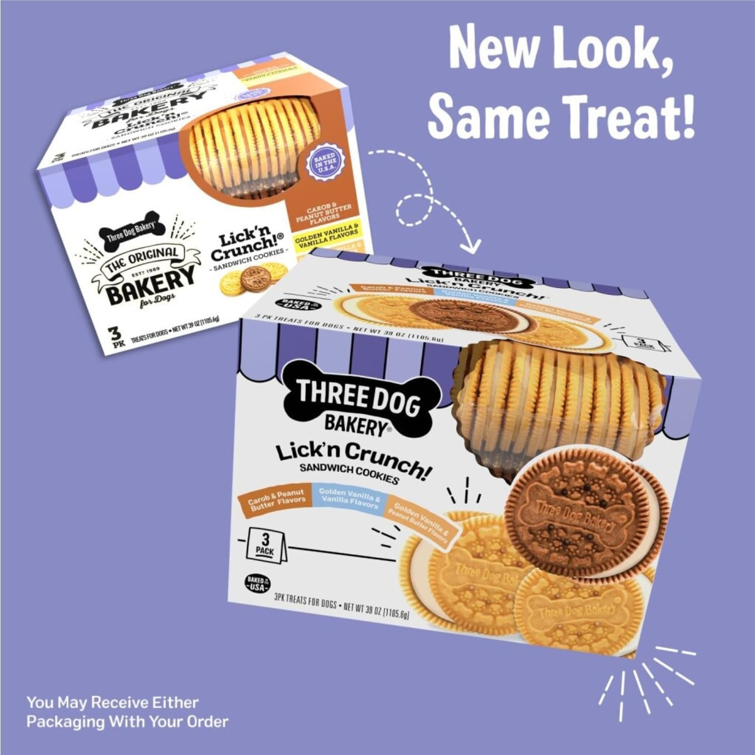 Three Dog Bakery Lick'N Crunch Sandwich Cookies Premium Dog Treats with No Artificial Flavors, Carob/Peanut Butter, Golden/Vanilla, 39 Ounces (Pack of 1)
