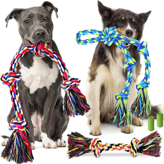 Forfon Tough & Strong Dog Toy for Aggressive Chewers – Tough Chew Toys for Large Dogs, Ideal for Tug-Of-War & Teeth Cleaning, with 3 Rope Toys & 2 Dog Bags