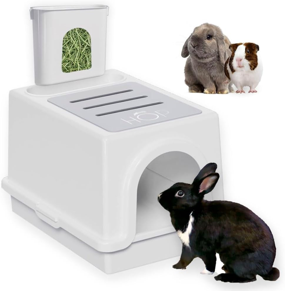 HOP Rabbit Litter Box, Less Mess with Built-In Hay Feeder Designed for Rabbits/Bunnies. Includes Removable Cover and Pan. Bpa-Free and Dishwasher Safe. Cat, Guinea Pig and Chinchilla Friendly Too.