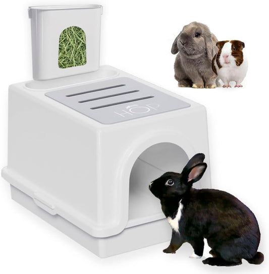 HOP Rabbit Litter Box, Less Mess with Built-In Hay Feeder Designed for Rabbits/Bunnies. Includes Removable Cover and Pan. Bpa-Free and Dishwasher Safe. Cat, Guinea Pig and Chinchilla Friendly Too.