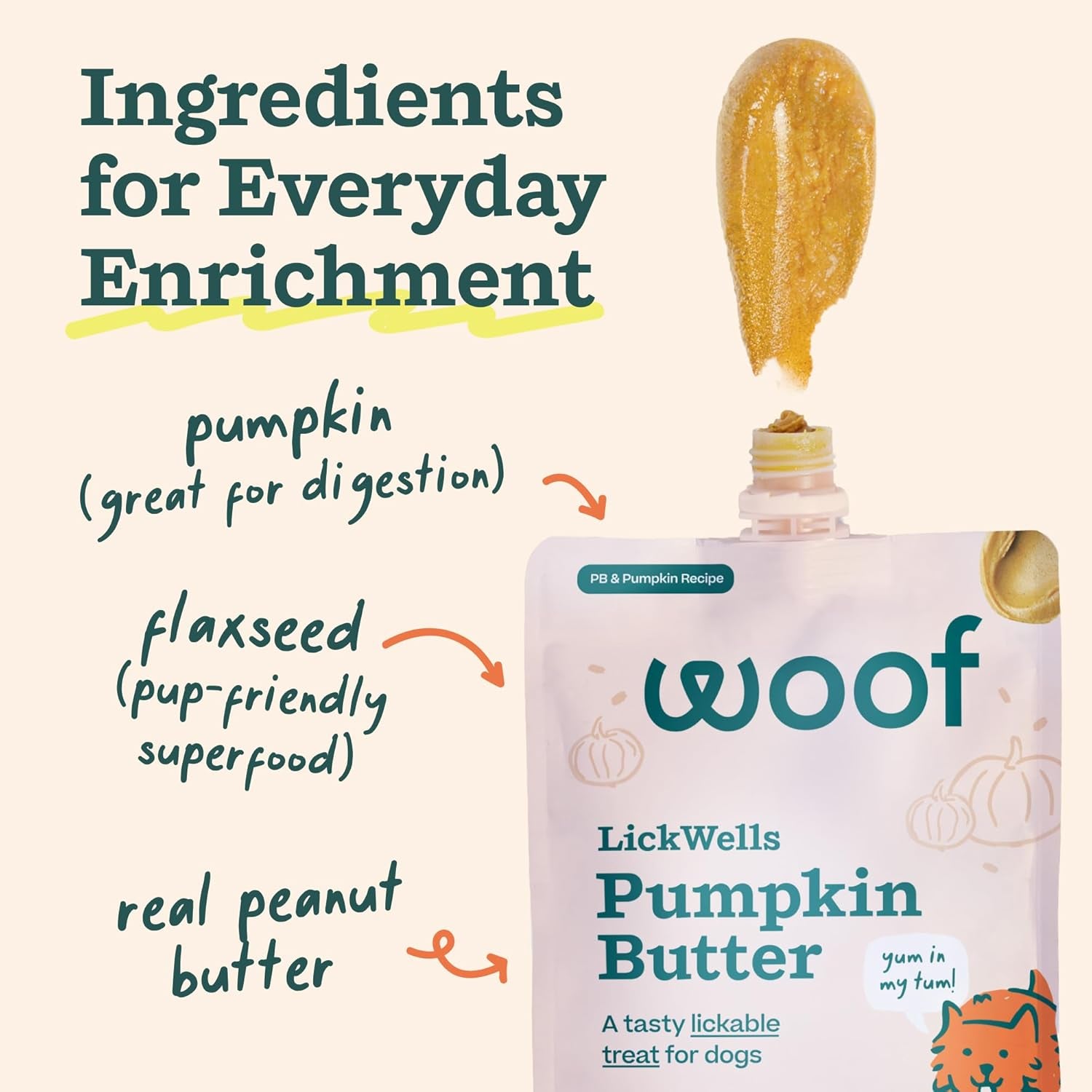 Woof Lickwells Pumpkin Butter - Dog Lick Mat Spread and Meal Topper for the Flipmat and Lickmat - Made with Prebiotics and Superfoods - for Digestion and Enrichment - 12 Oz - PB & Pumpkin Flavor