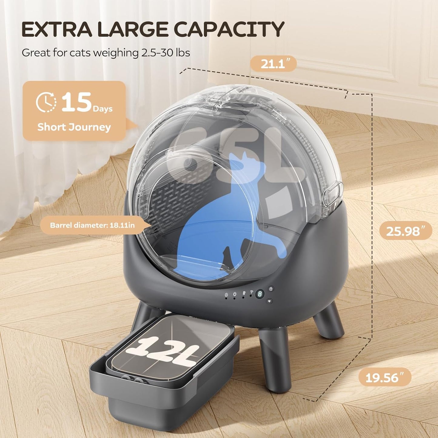 Automatic Litter Box, Self Cleaning Litter Box for Multiple Cats, Smart APP Control & Dual Safety Sensors, 15-Day Large Capacity Waste Bin, Odor Control, Includes Trash Bags,Gray