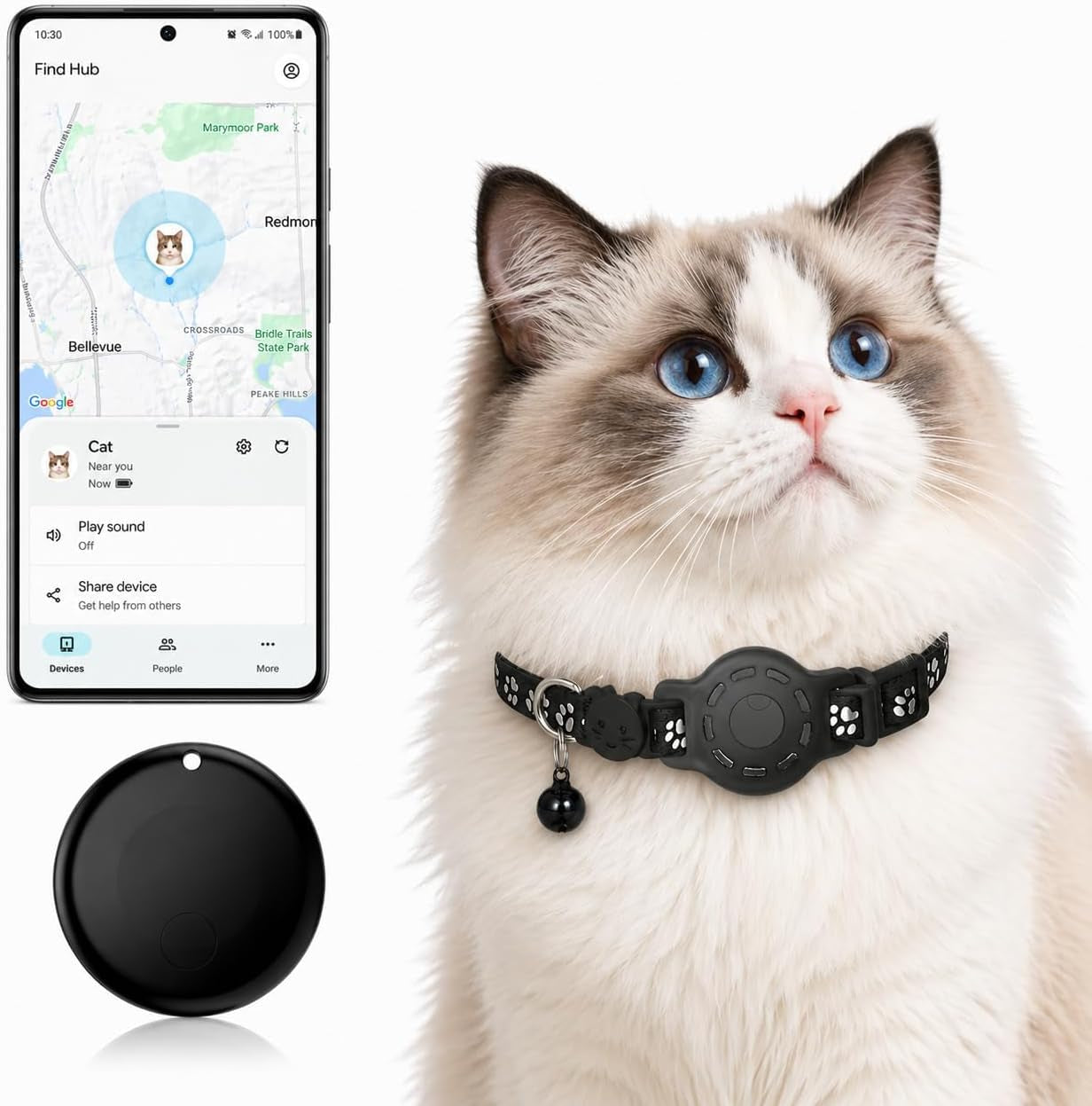 Smart Cat GPS Collar - Waterproof Pet Tracker for Android, Google Find My Compatible, No Monthly Fee. Advanced Safety Solution for Small & Large Cats.(Android Only)