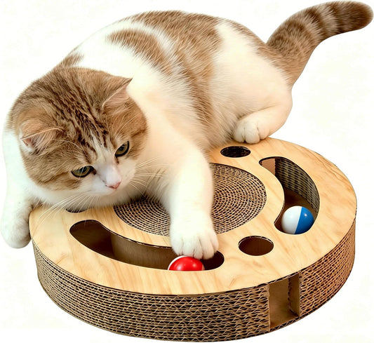 13 Inch round Cat Scratcher with Ball Track, 2 Inch Thick Cardboard Scratching Pad for Indoor Cats, Interactive Cat Toy with Crinkle Balls.