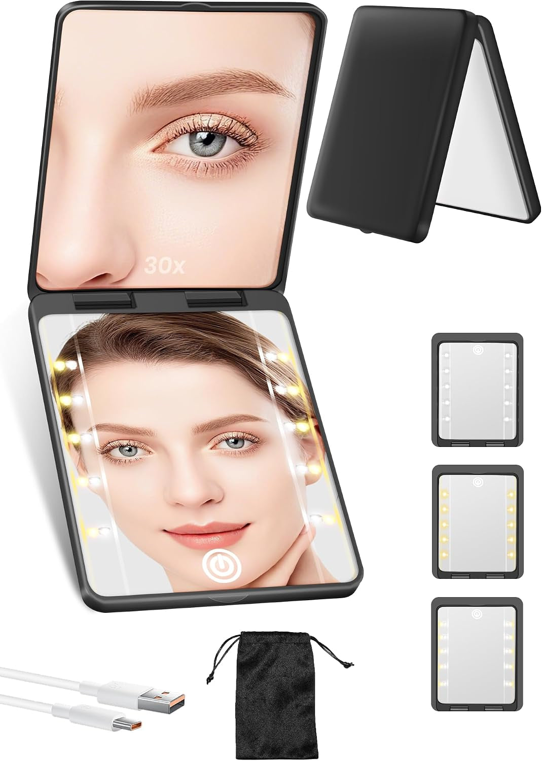 Compact Mirror, Rechargeable Magnifying Makeup Mirror with Light 30X Black