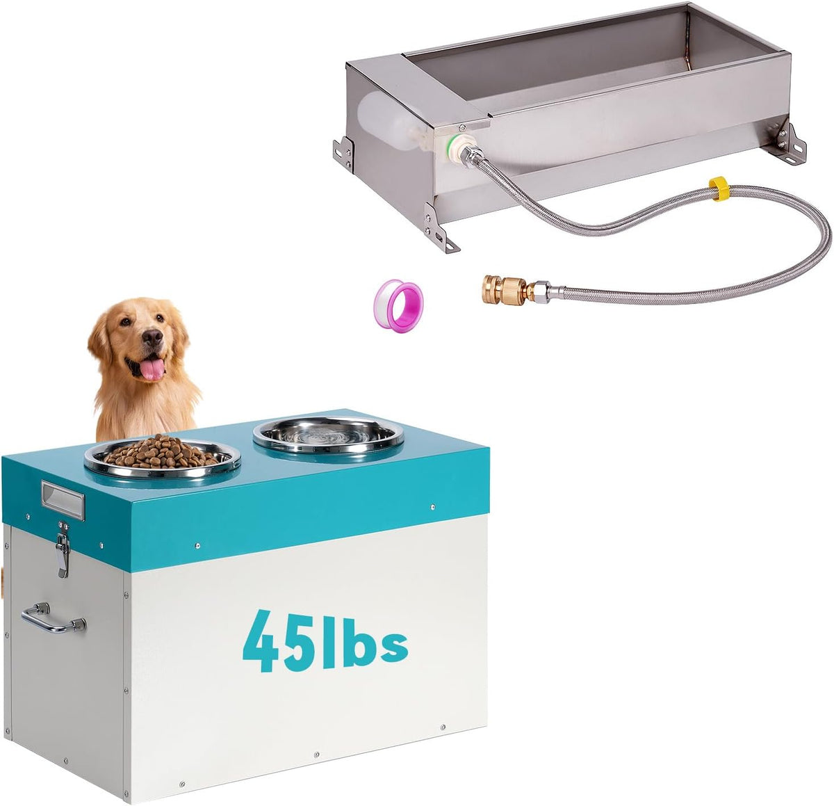 Stainless Steel Automatic Dog Water Trough with Folat Valve Kit and 45Lbs 15H Elevated Dog Bowls with Storage