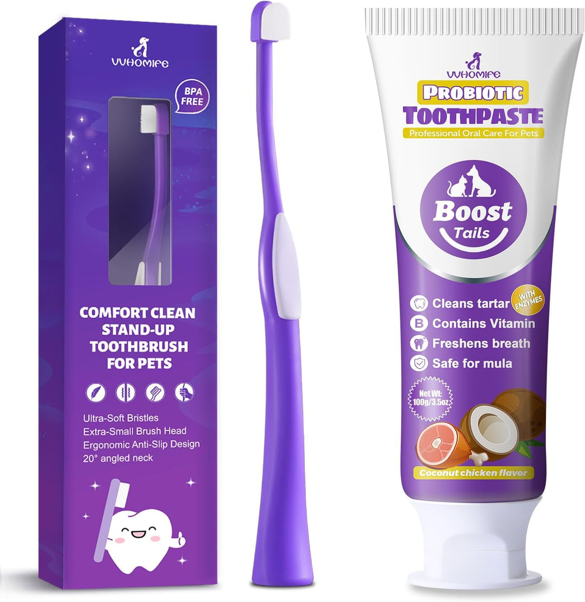 Natural Coconut Oil Dog & Cat Toothpaste for Fresh Breath + Zero-Pressure Comfort Pet Toothbrush