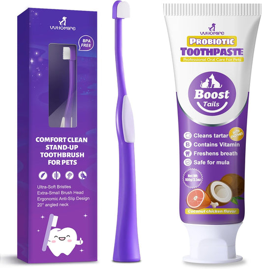 Natural Coconut Oil Dog & Cat Toothpaste for Fresh Breath + Zero-Pressure Comfort Pet Toothbrush