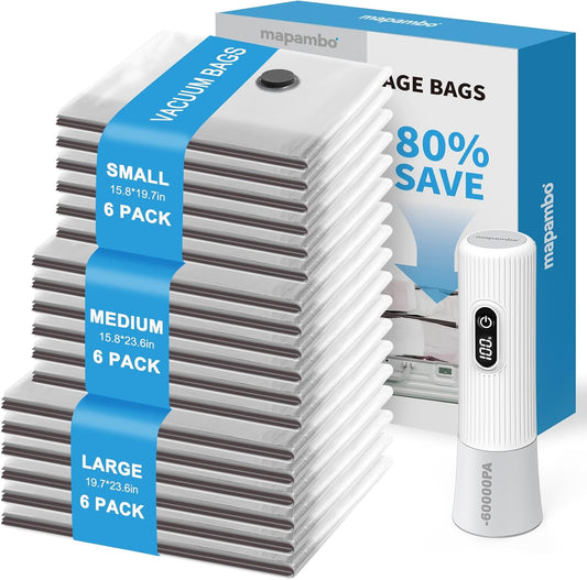 Mapambo Travel Vacuum Bags with -60000Pa LED Pump, 18 Pack Vacuum Seal Bags for Clothing Travel in 3 Combo Sizes, Vacuums Storage Bags for Clothes, save 80% of Space (18 Combo)