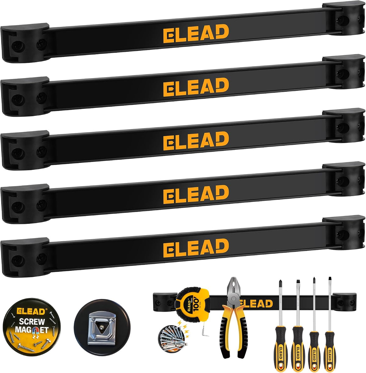 ELEAD 6-Piece 12" Magnetic Tool Holder Storage Organizer - Wall Mount Rack Garage Organization Power Magnet Hanger Workbench Board Slatwall Van Organizers Mounted Hanging Strip