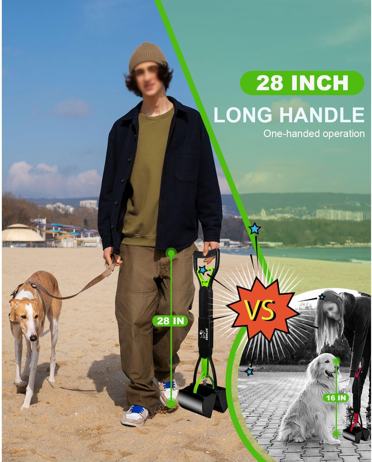 SZHLUX 28" Pooper Scooper, Foldable Dog Pooper Scooper with Unbreakable Material and Durable Spring for Grass and Gravel, Green
