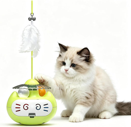 360° Rotating Tumbler Cat Toy, Self Playing Interactive Toy with LED Glowing Ball & Detachable Teaser Wand