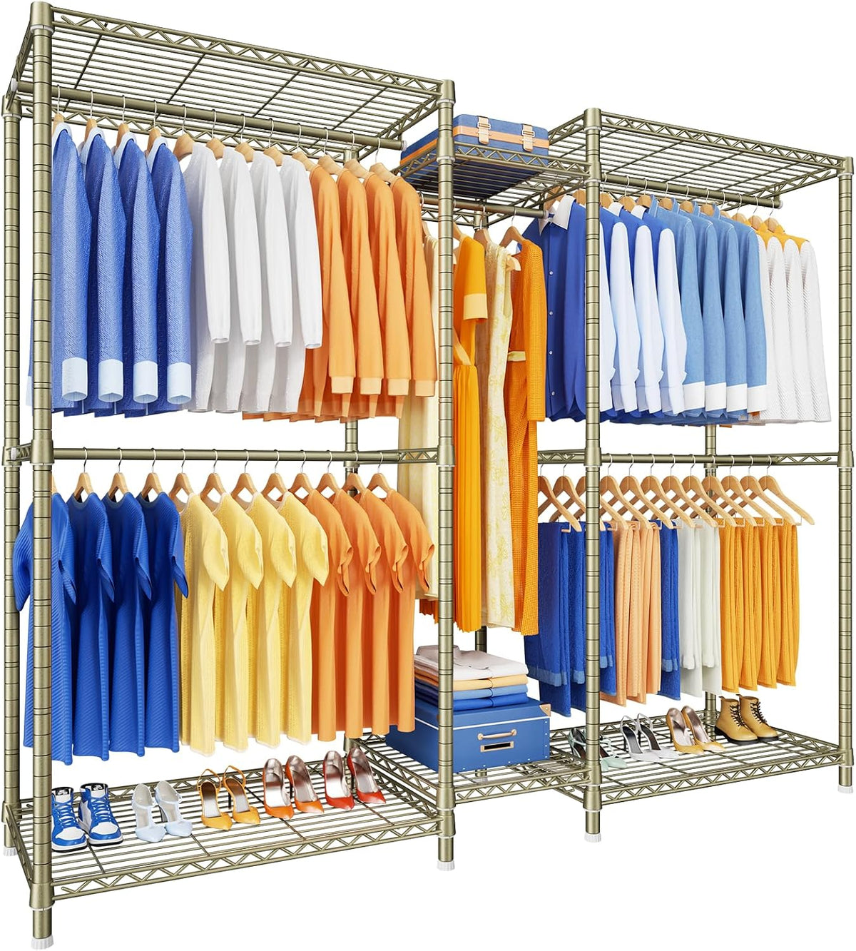 Ulif E12 Pro Clothes Rack，Heavy Duty Freestanding Garment Rack with Shelves，Metal Clothing Closet Storage System for Hanging Clothes，71" W X 16" D X 76.5" H, Hold 960 Lbs，Gold
