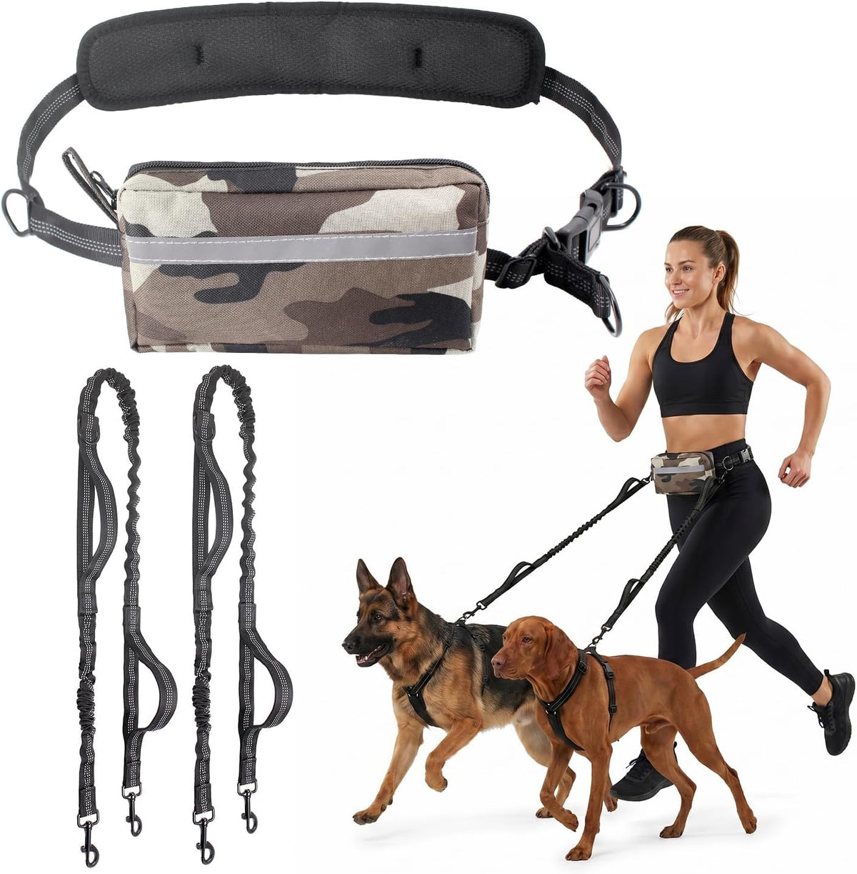 Upgrade Hands Free Double Dog Leash for 2 Dogs with Thickened Waist Pad, Adjustable Waist Leash for Dog Walking with 360° Swivel Double Safety Lock, Fanny Pack, Heavy Duty Bungee for Medium Large Dogs