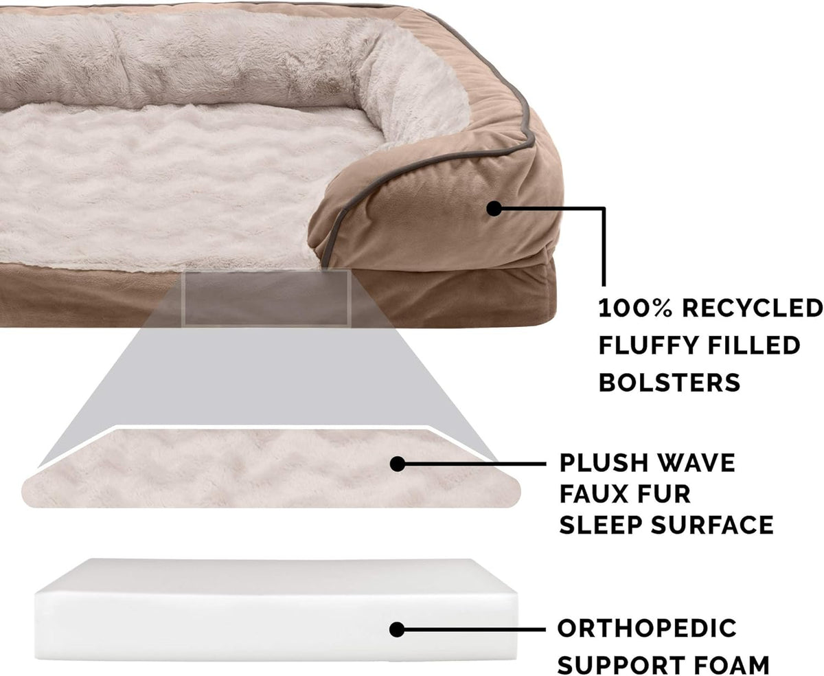 Furhaven Orthopedic Dog Bed for Large Dogs W/ Removable Bolsters & Washable Cover, for Dogs up to 125 Lbs - Plush & Velvet Waves Perfect Comfort Sofa - Brownstone, Jumbo Plus/Xxl
