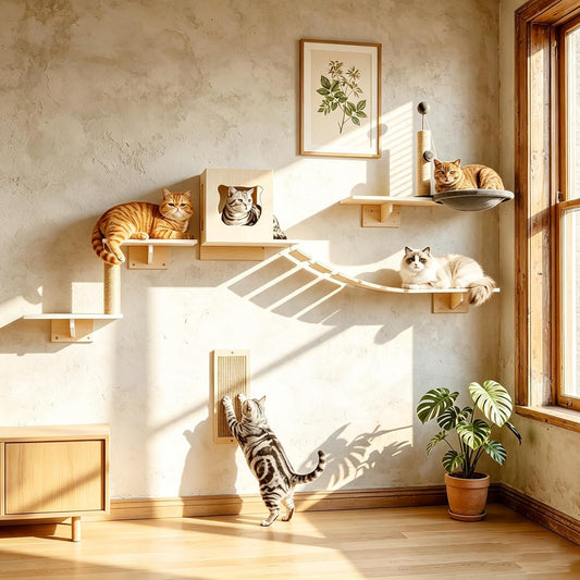 Cat Wall Shelves, 8-Piece Modern Wall-Mounted Cat Furniture Includes House, Bridge, Steps, Scratcher, Perch & Lounge for Indoor Cats, Space-Saving Wall Mounted Cat Shelves for Play & Rest