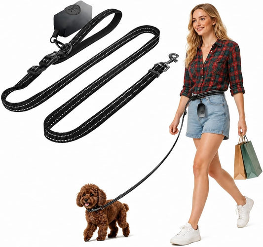 Kazazoo Hands-Free Dog Leash with Poop Bag Holder, Adjustable 4-7 Ft Puppy Leash Waist for Dog Walking, Running for Small Dogs with Reflective Strips, Nylon Waist Belt, Black
