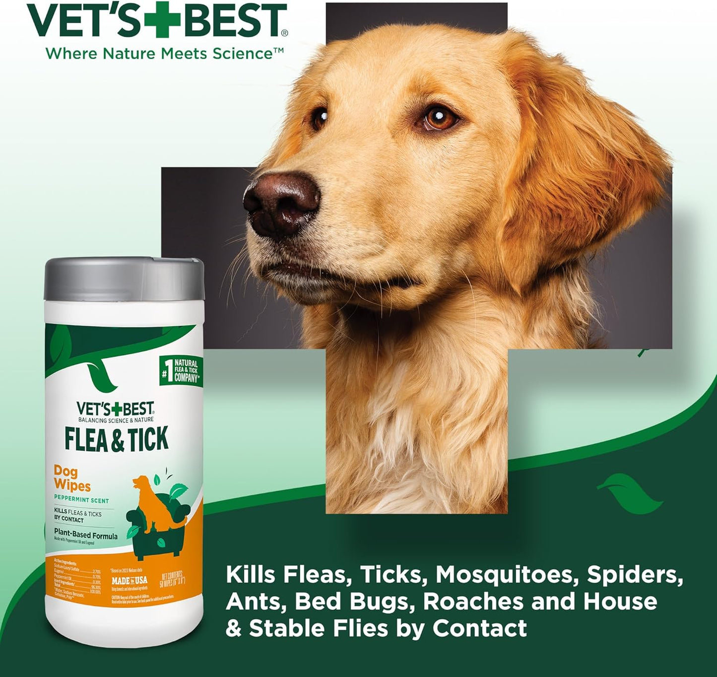 Vet'S Best Flea & Tick Wipes for Dogs, Plant-Based, Pest Control, 50 Count | Plant-Based Flea & Tick Wipes, Essential Oils, Helps Control Fleas & Ticks, for Dogs, Kennels & Home Use