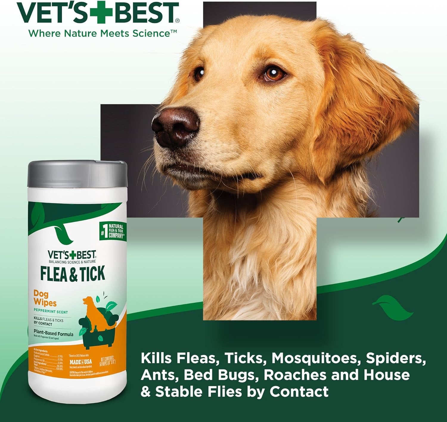 Vet'S Best Flea & Tick Wipes for Dogs, Plant-Based, Pest Control, 50 Count | Plant-Based Flea & Tick Wipes, Essential Oils, Helps Control Fleas & Ticks, for Dogs, Kennels & Home Use