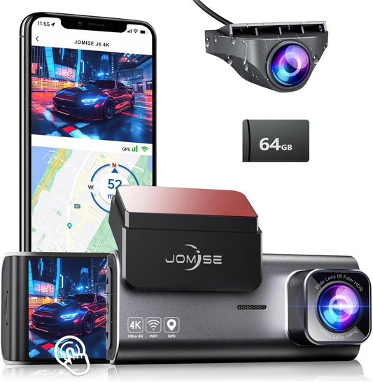 JOMISE 4K Dash Cam Front Rear with 64GB Card & Touch Screen, 4K+1080P Dual Dash Camera for Cars, Built-In GPS Wi-Fi, UHD 2160P Night Vision, WDR, 24H Parking Monitor (J6)