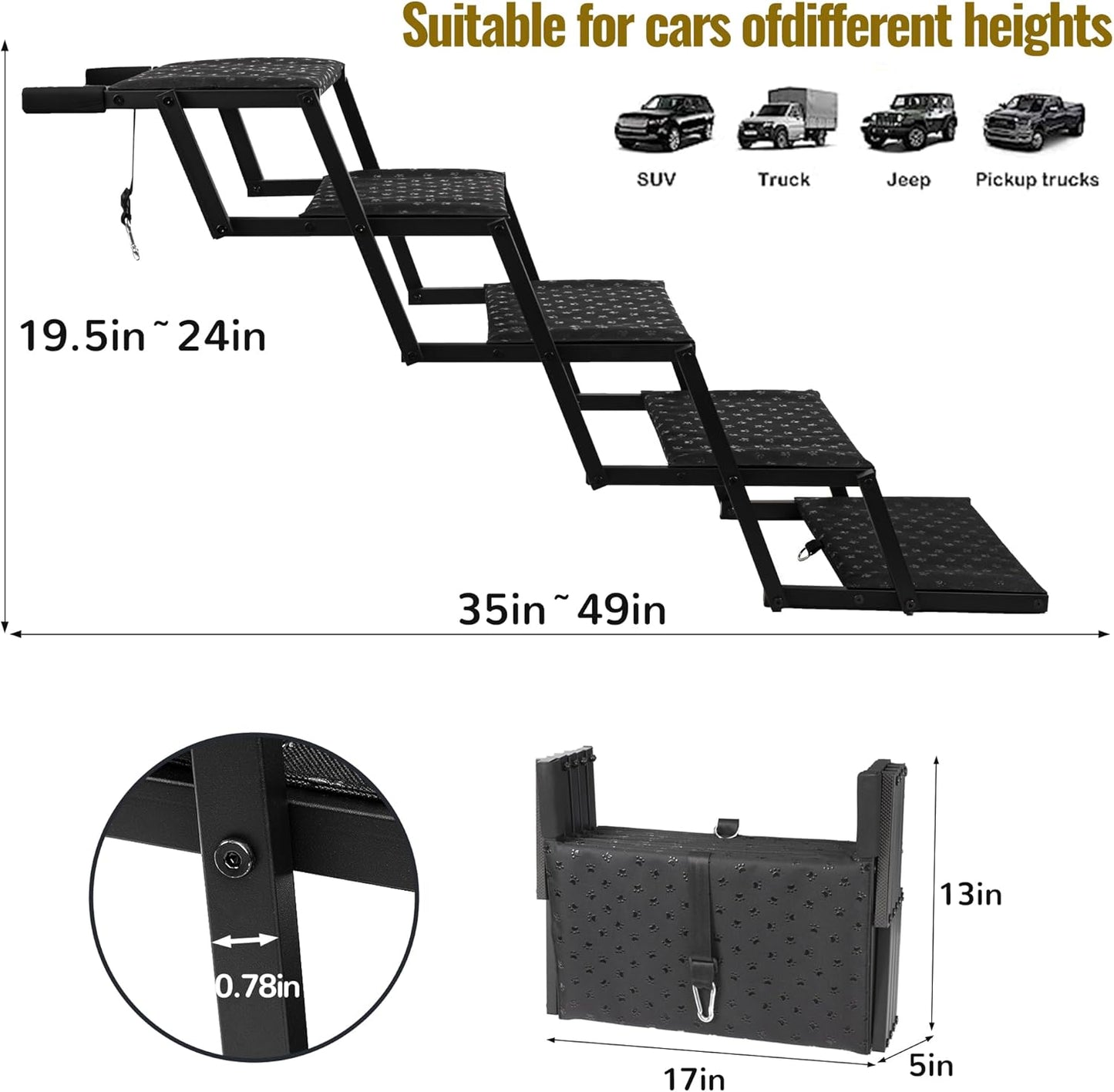 Dog Stairs for Car - Foldable Dog Ramps for Large Dogs with Non Slip Surface, Portable Dog Steps for Cars and SUV, Truck, Support up to 200 Lbs