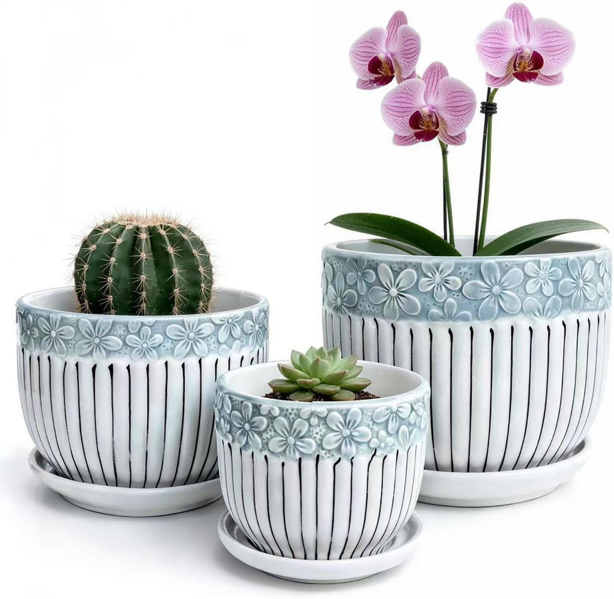Vintage Flower Pots for Indoor Plant, round Ceramic Plant Pots with Drainage Holes and Saucers, 6.7/5.2/3.9 Inches Retro Flower Planters Set of 3