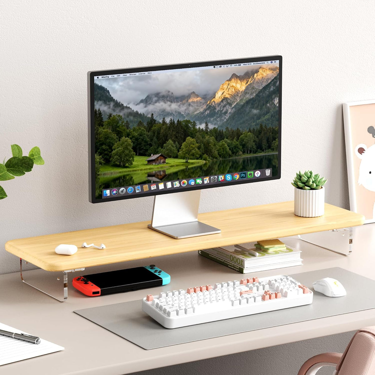 AFOOYO Bamboo Monitor Stand Riser, 31.5 in Computer Riser Desk Organizer