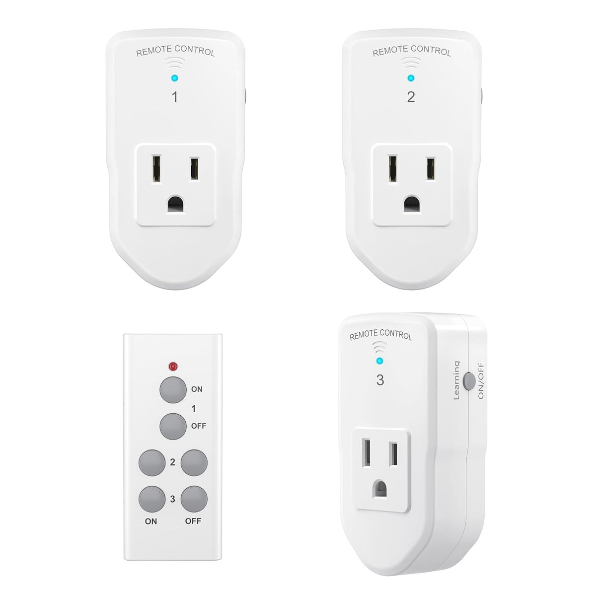 BN-LINK Wireless Remote Control Outlet Electrical Switch for Lights, Fans, Christmas Lights, Small Appliance, 100Ft Long Range White (Learning Code, 3 Outlets +1 Remote) 1200W/10A, ETL & FCC Certified