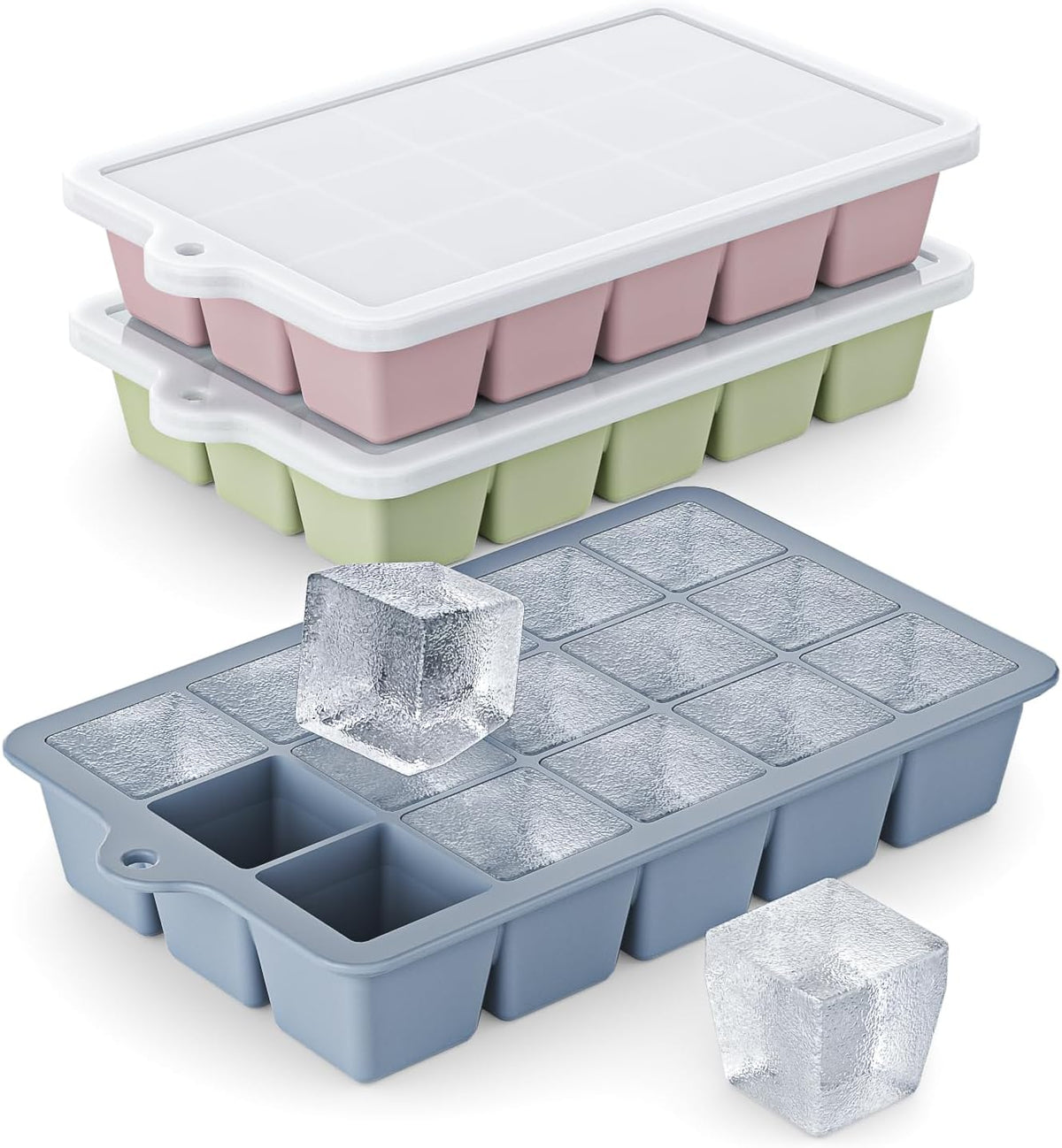 Silicone Ice Cube Tray 3 Pack - EASY RELEASE Ice Cube Tray with Lid, BPA Free Ice Cubes Trays for Freezer,Ice Cube Mold for Cocktail,Whiskey (Blue+Pink+Green)
