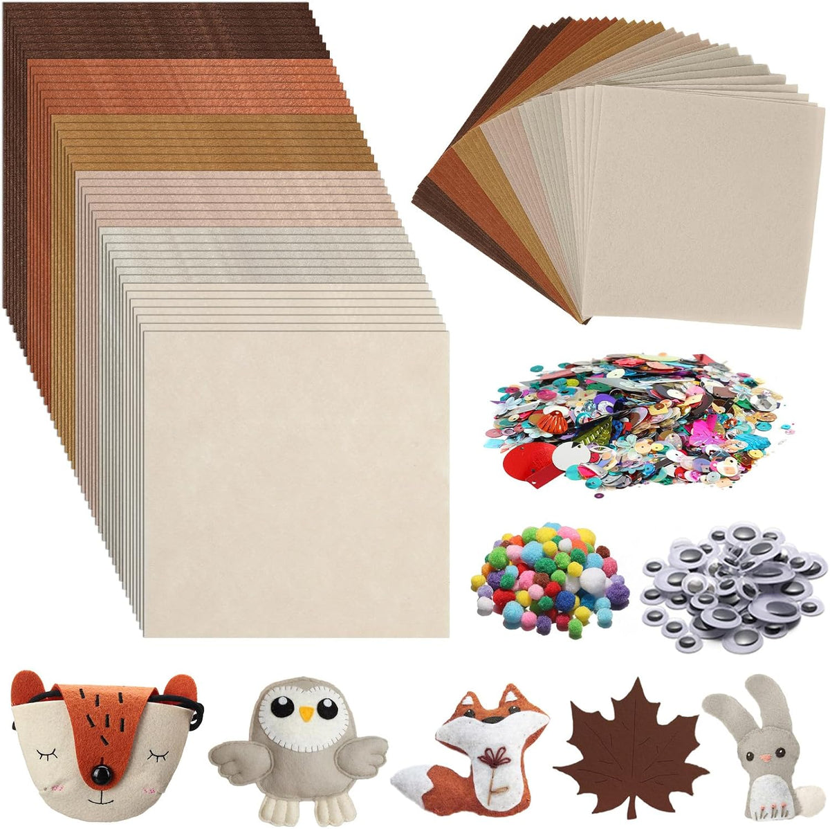 Gisgfim 42Pcs Brown Felt Fabric Sheets Craft Kit 12 X 12 Inch Assorted Soft Thick Tan Felt Pack with Wiggle Eyes Pom Poms Glitter Patchwork Craft Supply for DIY Sewing Creative Decor Brown