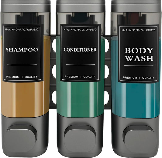 3-Chamber Wall Mount Shower Dispenser, No-Drill or Drill Install for Shampoo, Conditioner, Body Wash, Refillable Soap Dispenser for Home, RV & Hotel, Eco-Friendly & Compact (Gunmetal Gray)